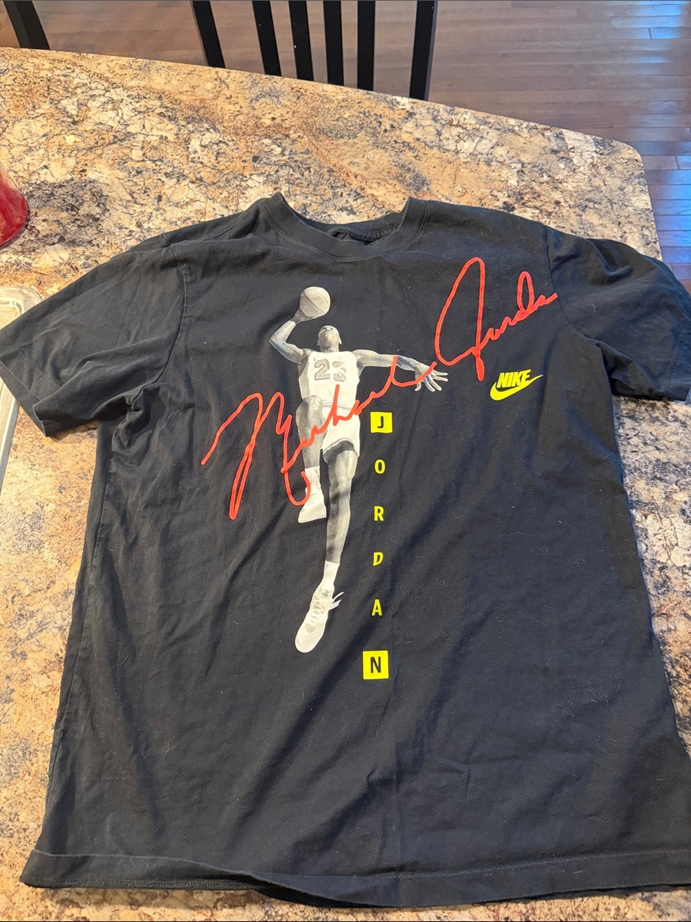 Nike Black Michael Jordan Graphic Tee with Red Script and Yellow Accents